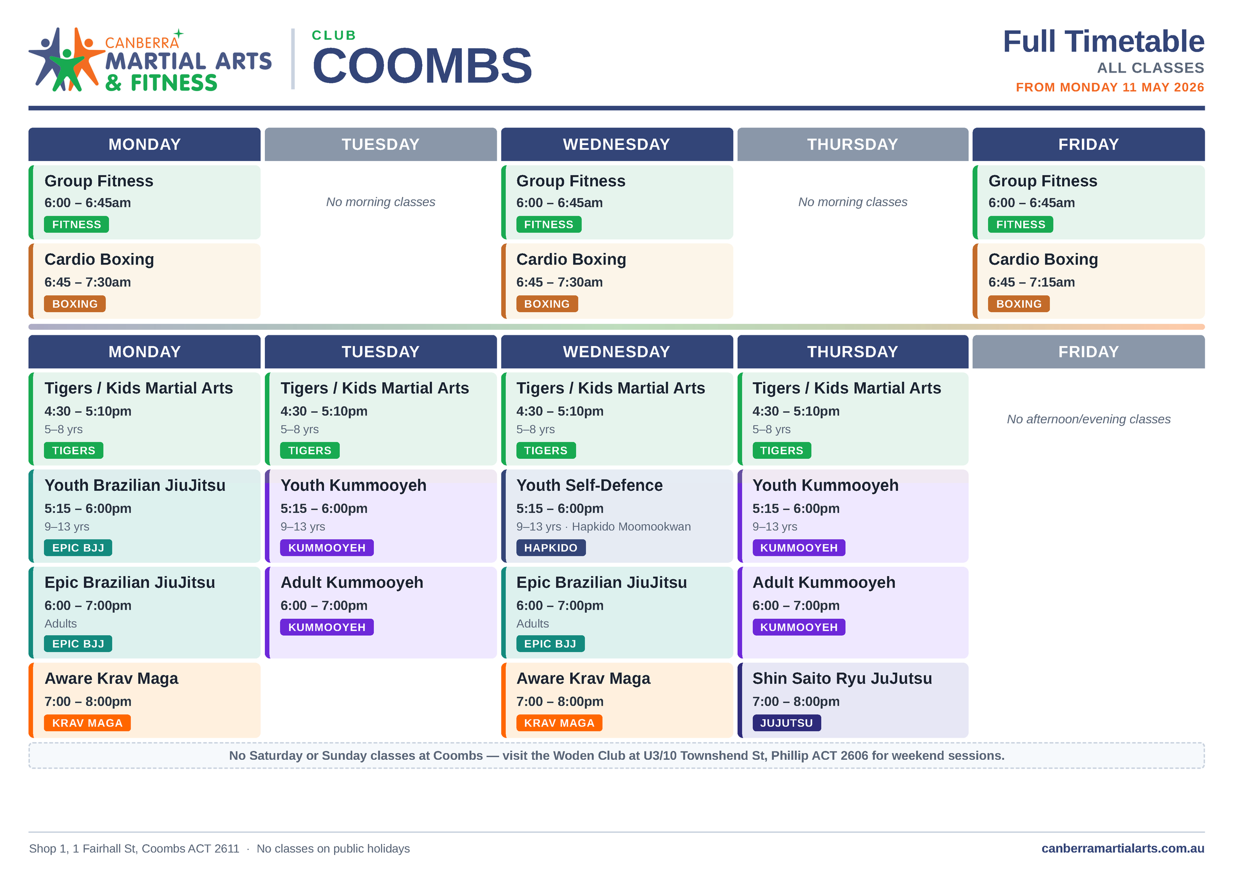 Coombs Club Times timetable