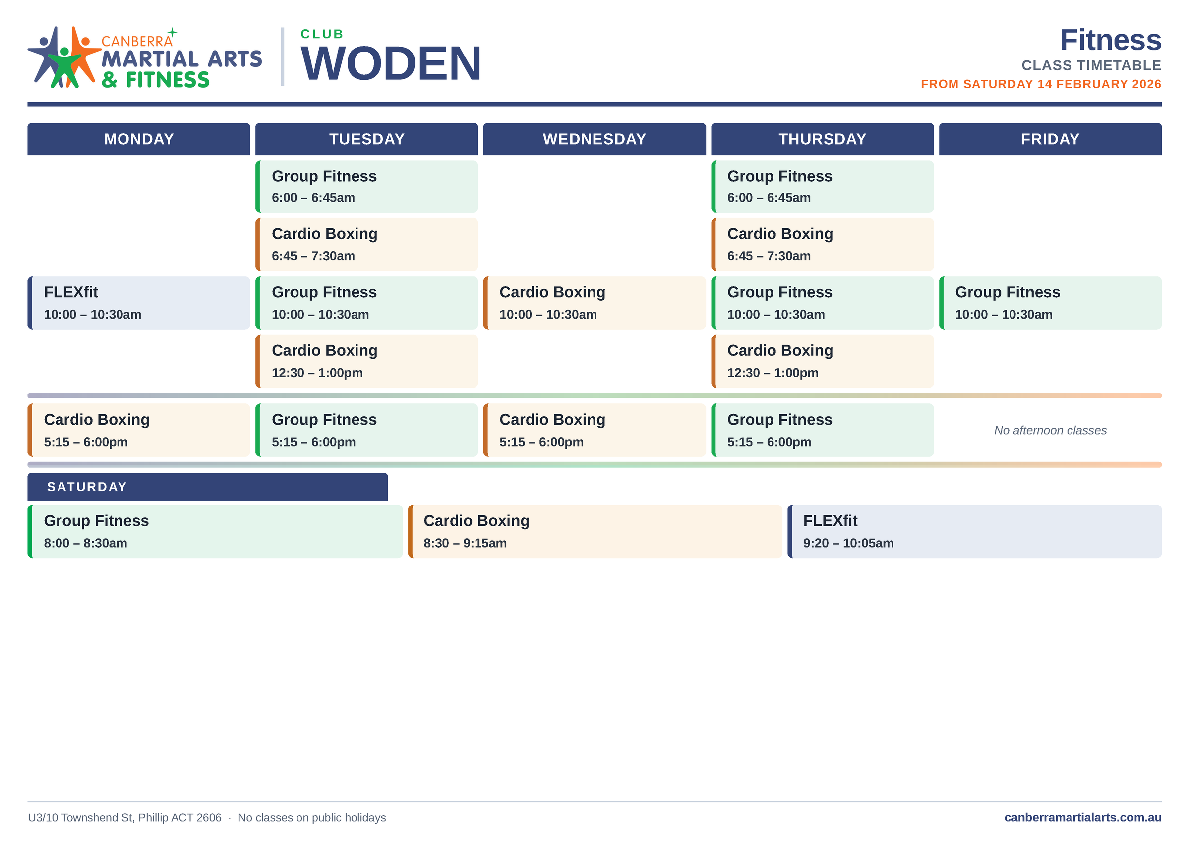 Woden Fitness Times timetable