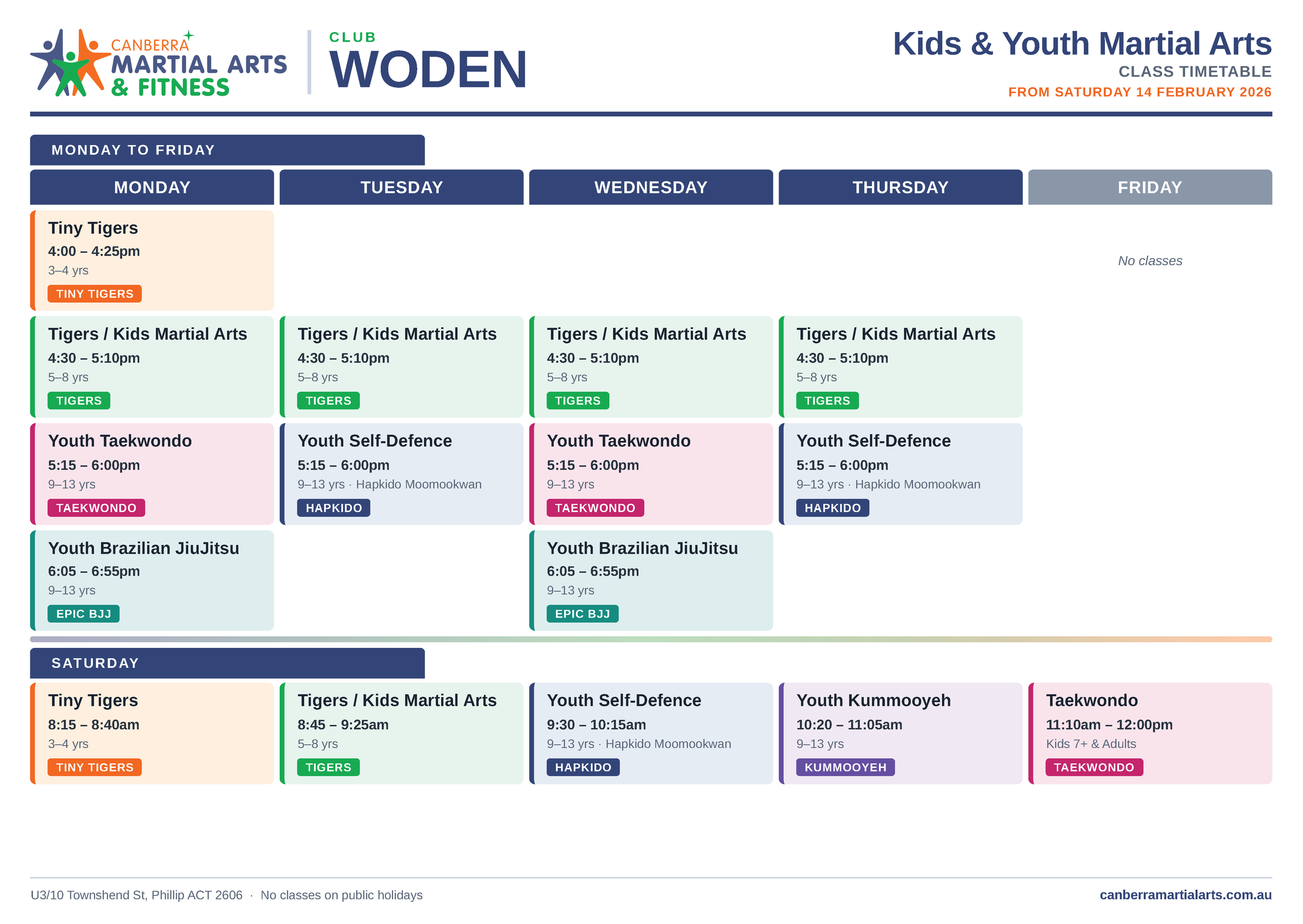 Woden Kids Times timetable